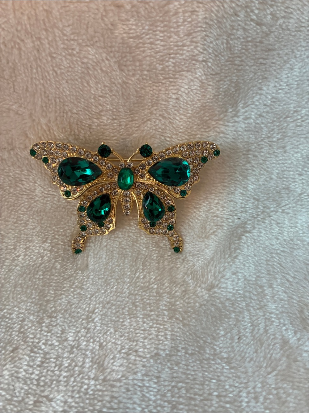 Gold Butterfly Brooch with Emerald Green Crystals - Women Jewelry. 2.5W x 1.5L